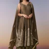 Brown Embellished Anarkali Suit Set With Pant And Dupatta