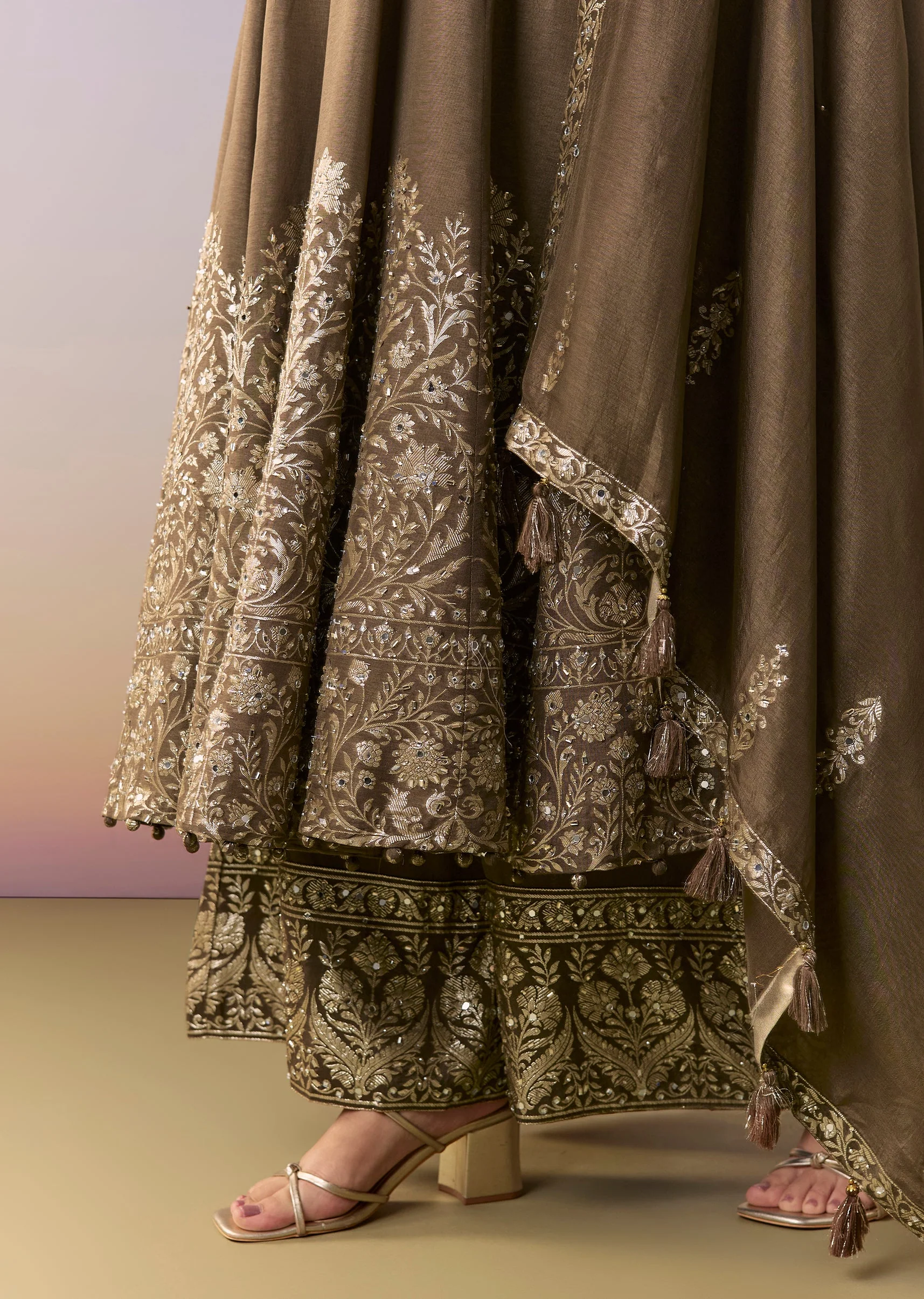 Brown Embellished Anarkali Suit Set With Pant And Dupatta