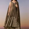 Brown Embellished Anarkali Suit Set With Pant And Dupatta