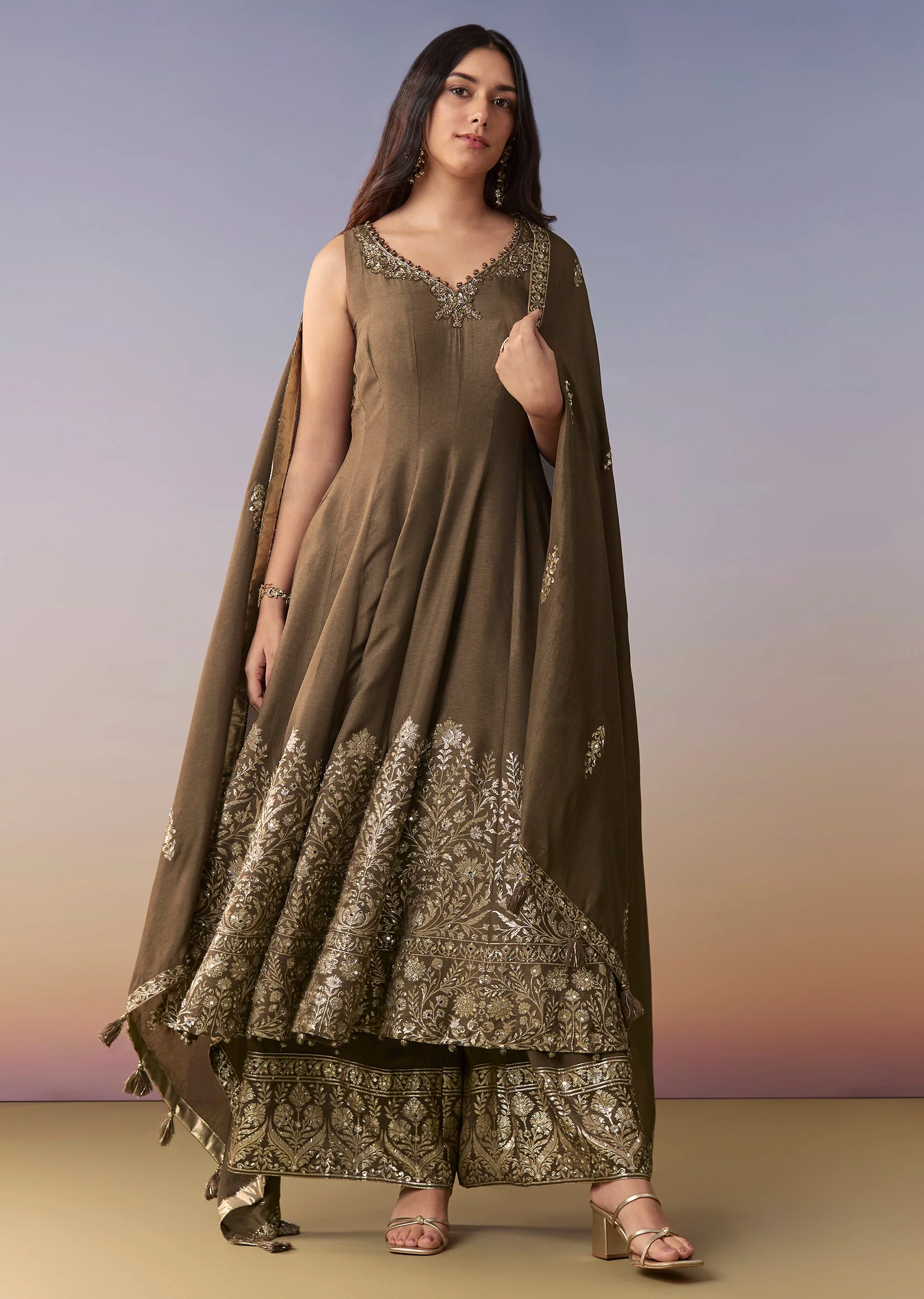Brown Embellished Anarkali Suit Set With Pant And Dupatta