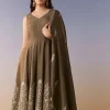 Brown Embellished Anarkali Suit Set With Pant And Dupatta