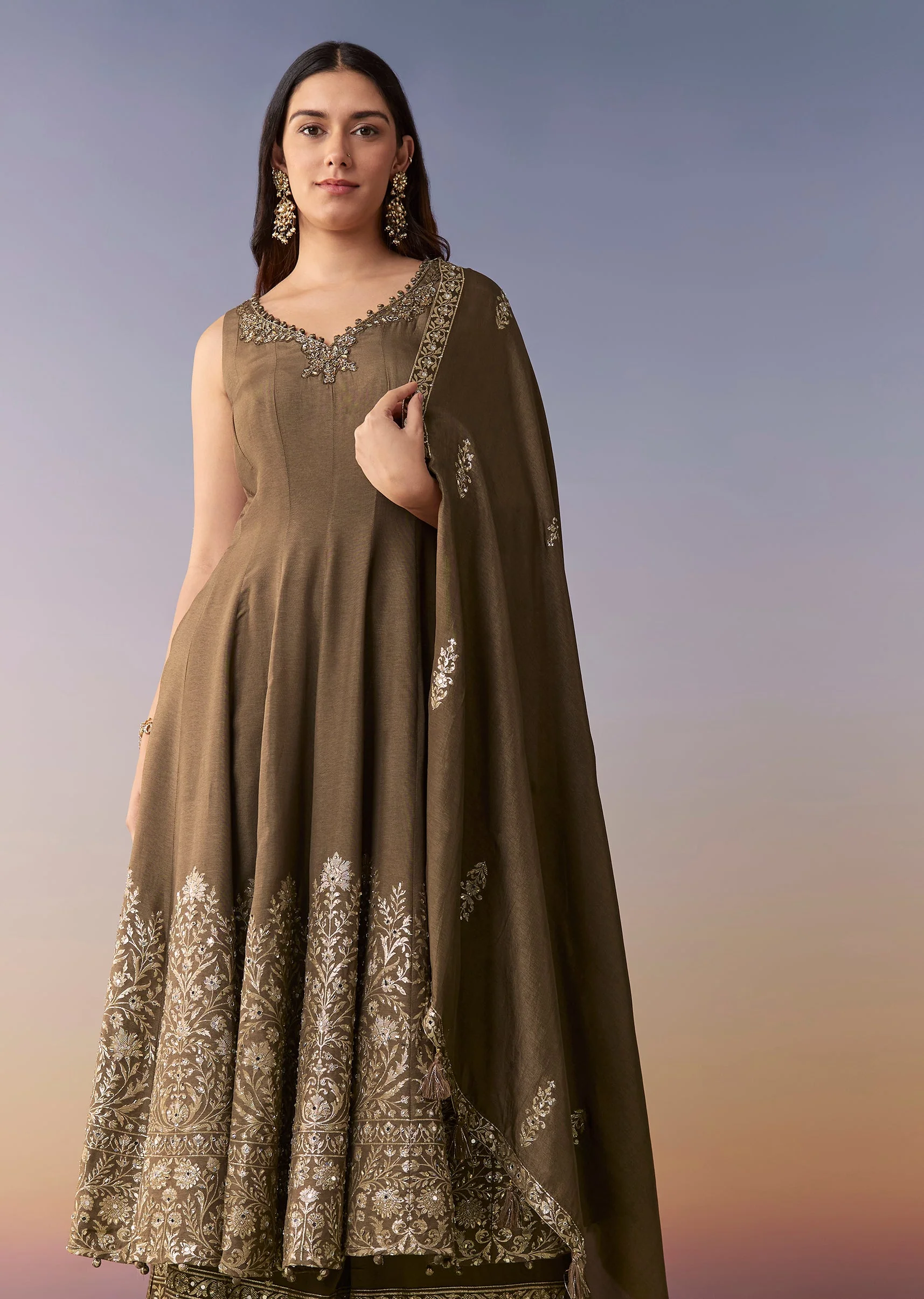 Brown Embellished Anarkali Suit Set With Pant And Dupatta