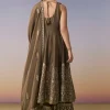 Brown Embellished Anarkali Suit Set With Pant And Dupatta