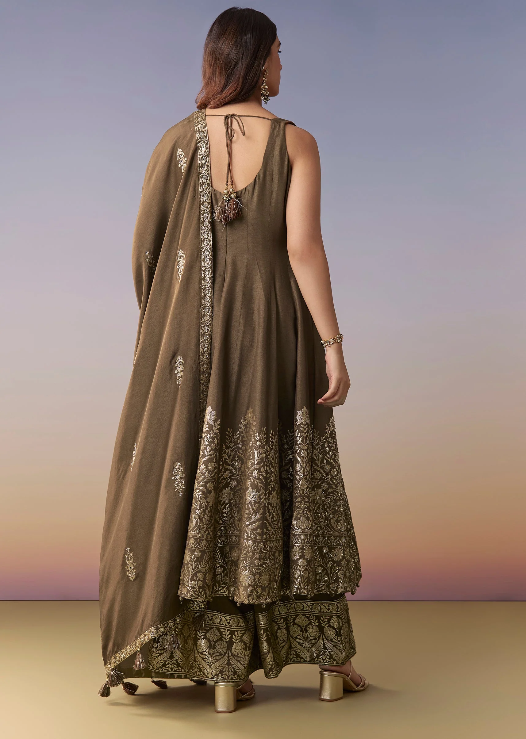 Brown Embellished Anarkali Suit Set With Pant And Dupatta