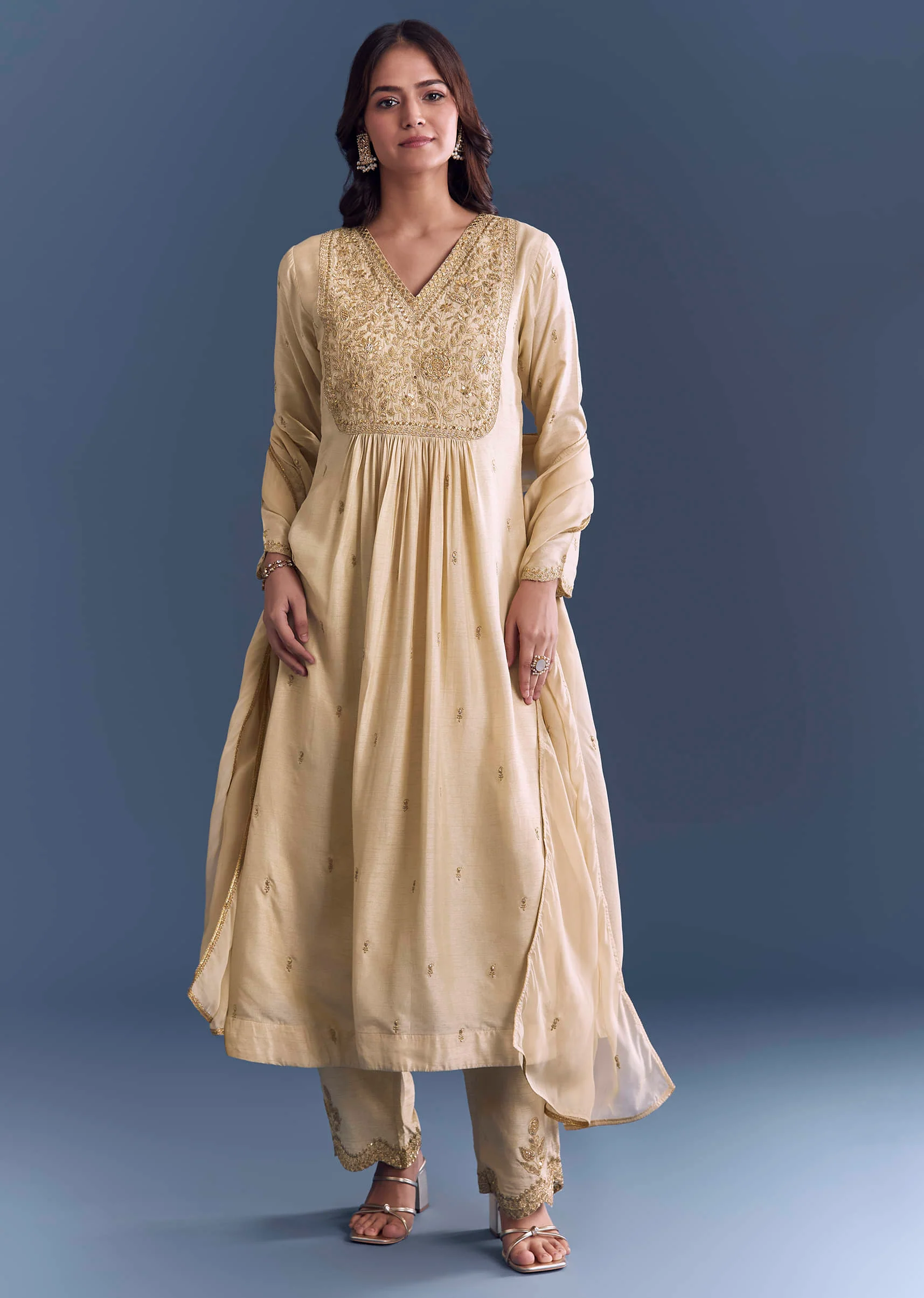 Cream Silk Anarkali Suit With Zari Thread Embroidery