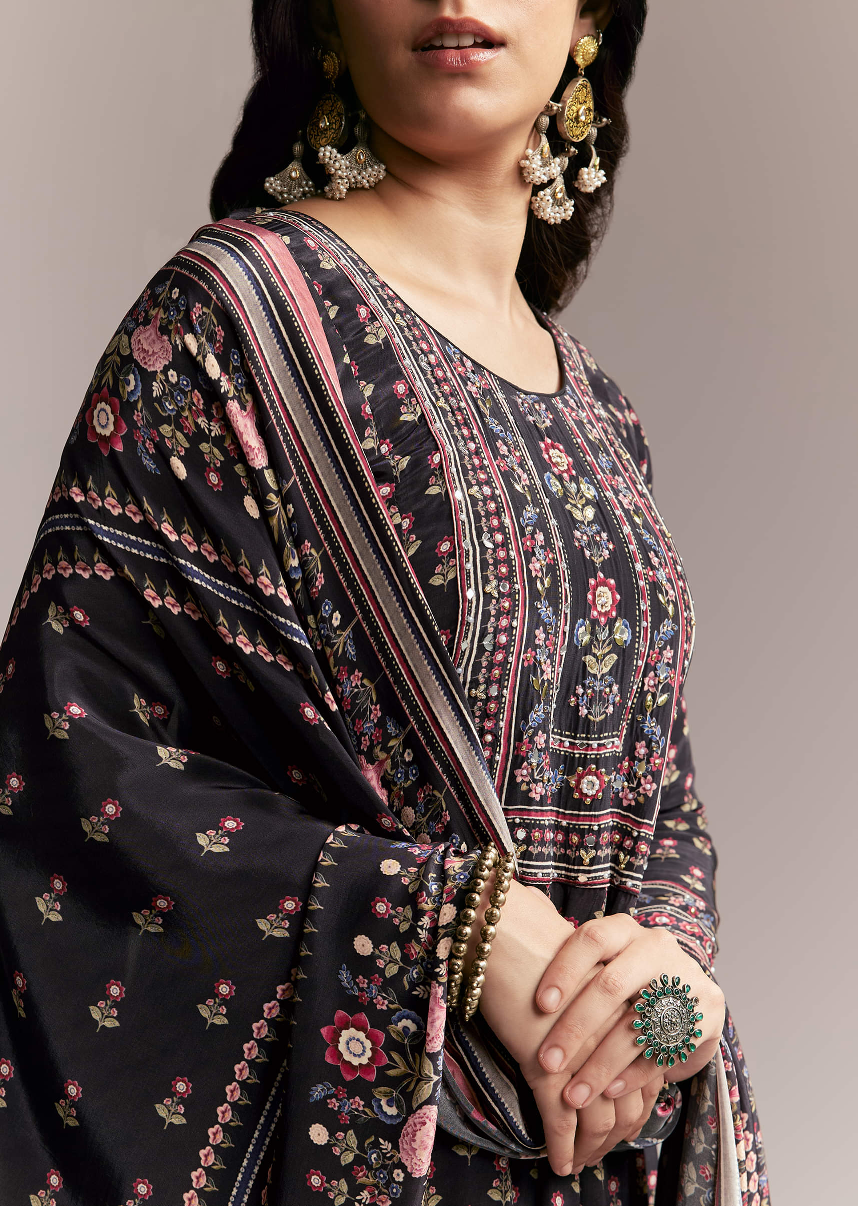 Black Floral Printed Anarkali Set