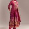 Red Ombre Crepe Printed Anarkali Suit With Embroidery And Tassels