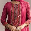 Red Ombre Crepe Printed Anarkali Suit With Embroidery And Tassels