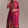 Red Ombre Crepe Printed Anarkali Suit With Embroidery And Tassels