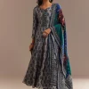 Grey Roman Silk Printed Anarkali Set