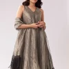 Grey Tissue Anarkali With Beadwork And Patchwork Accents