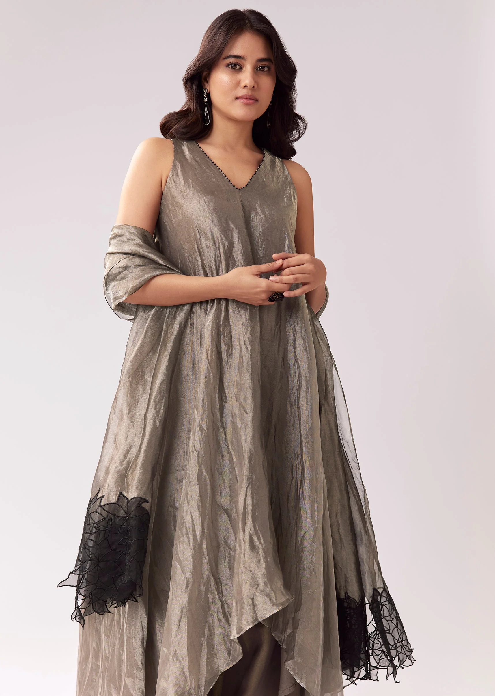 Grey Tissue Anarkali With Beadwork And Patchwork Accents