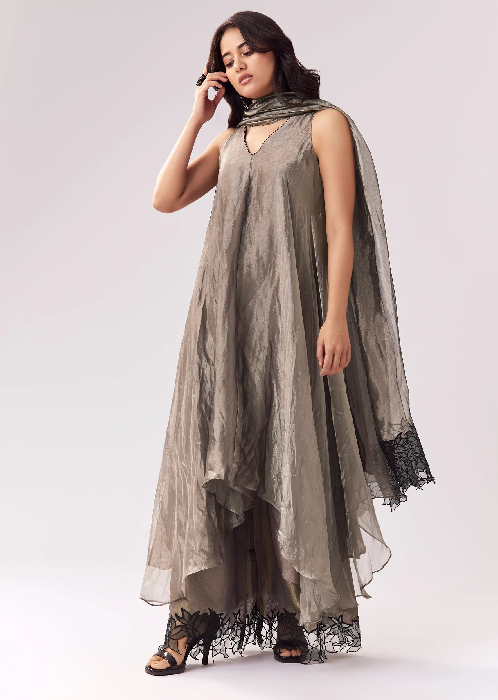 Grey Tissue Anarkali With Beadwork And Patchwork Accents
