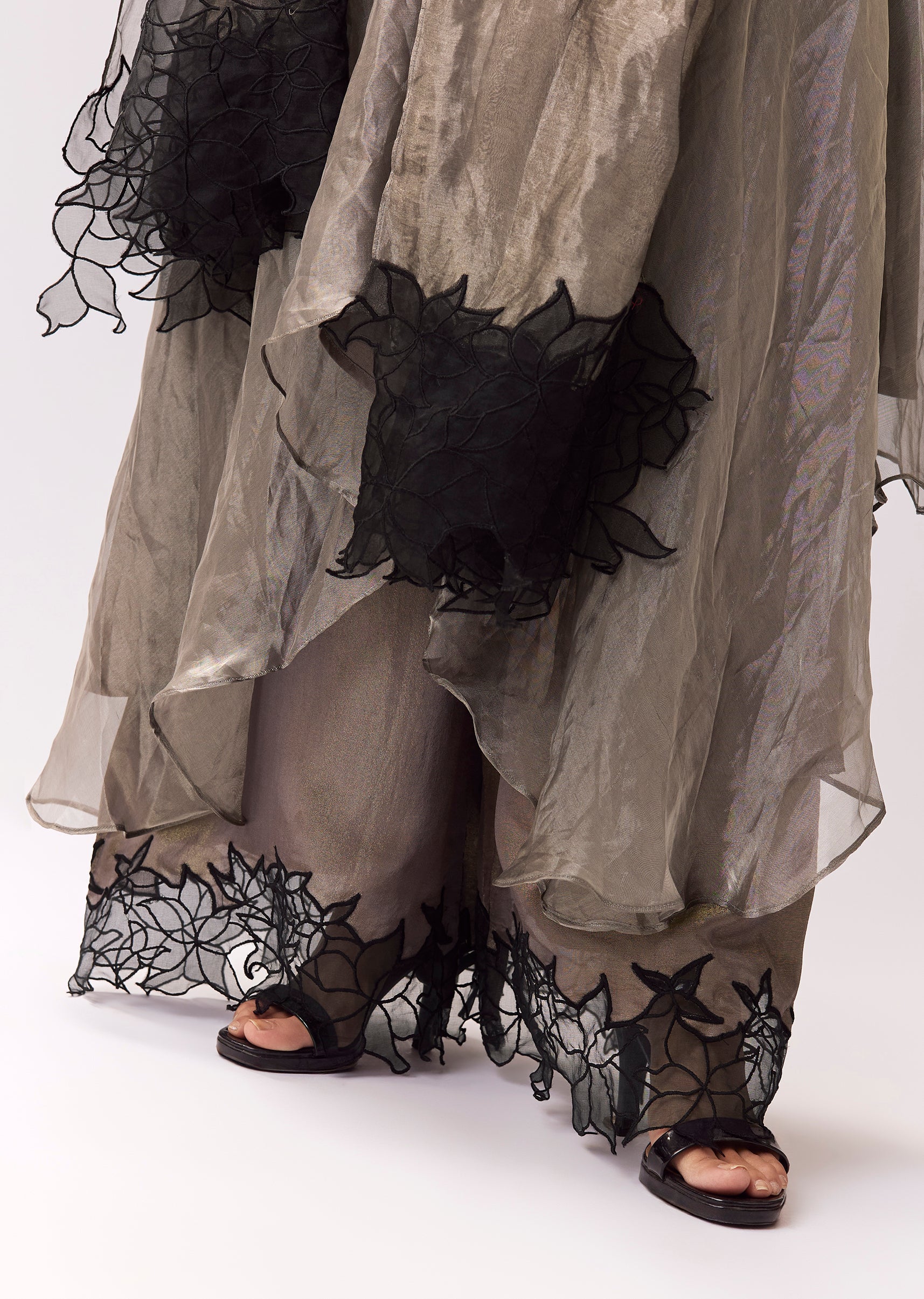 Grey Tissue Anarkali With Beadwork And Patchwork Accents