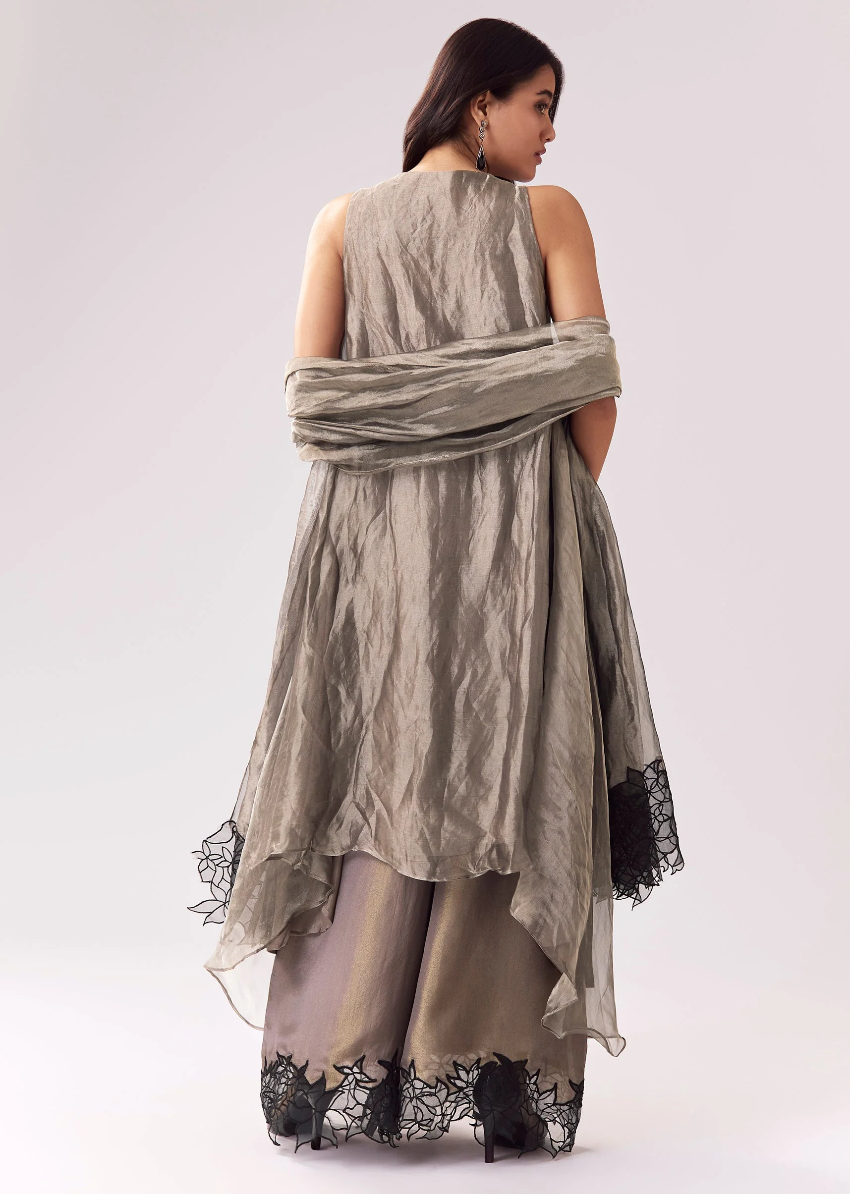 Grey Tissue Anarkali With Beadwork And Patchwork Accents