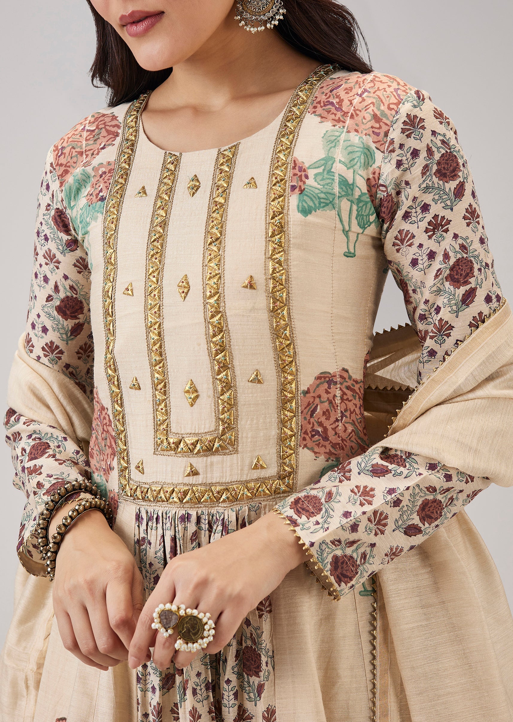 Off White Hand Block Print Anarkali With Sequins Work
