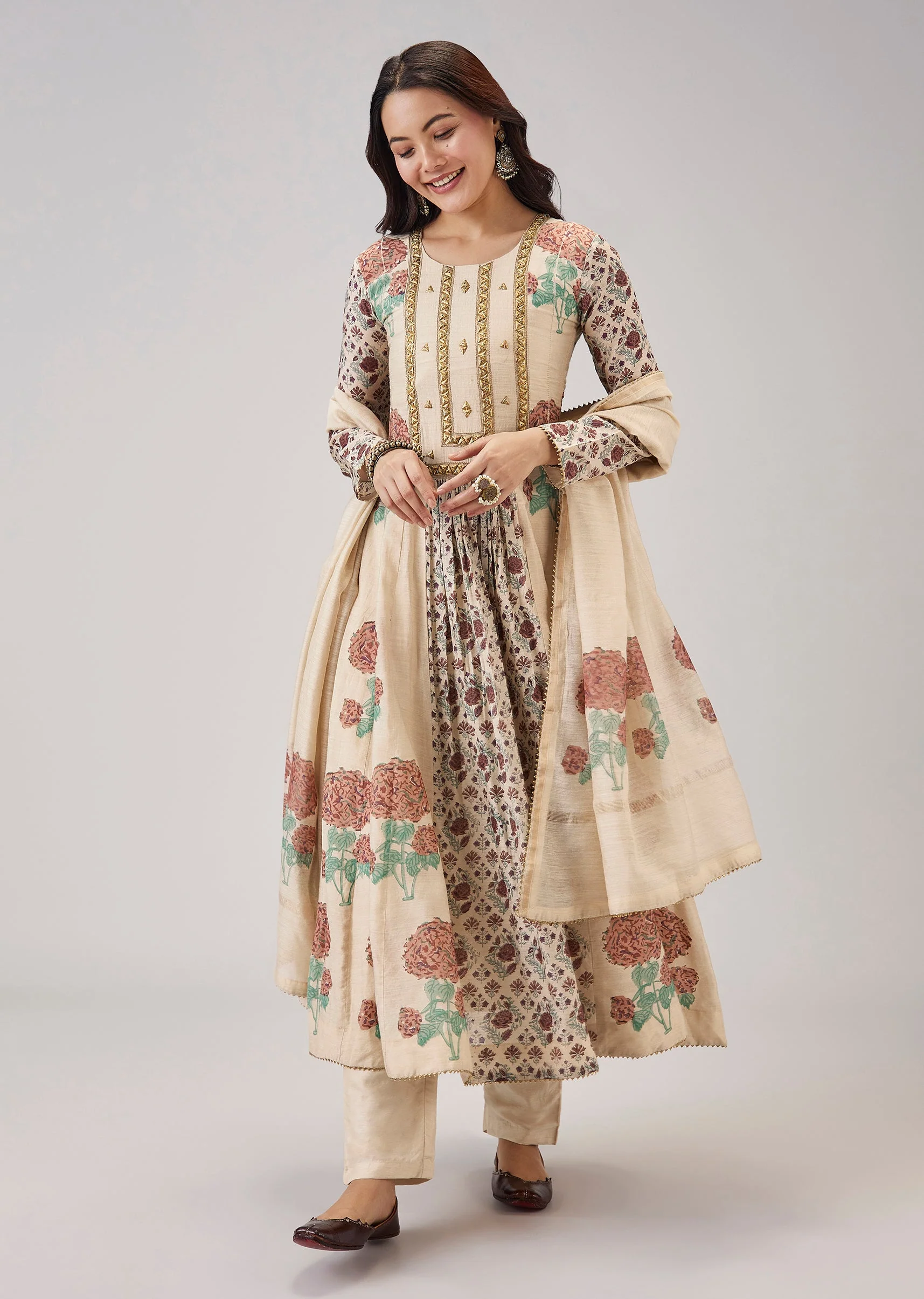 Off White Hand Block Print Anarkali With Sequins Work