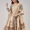 Off White Hand Block Print Anarkali With Sequins Work