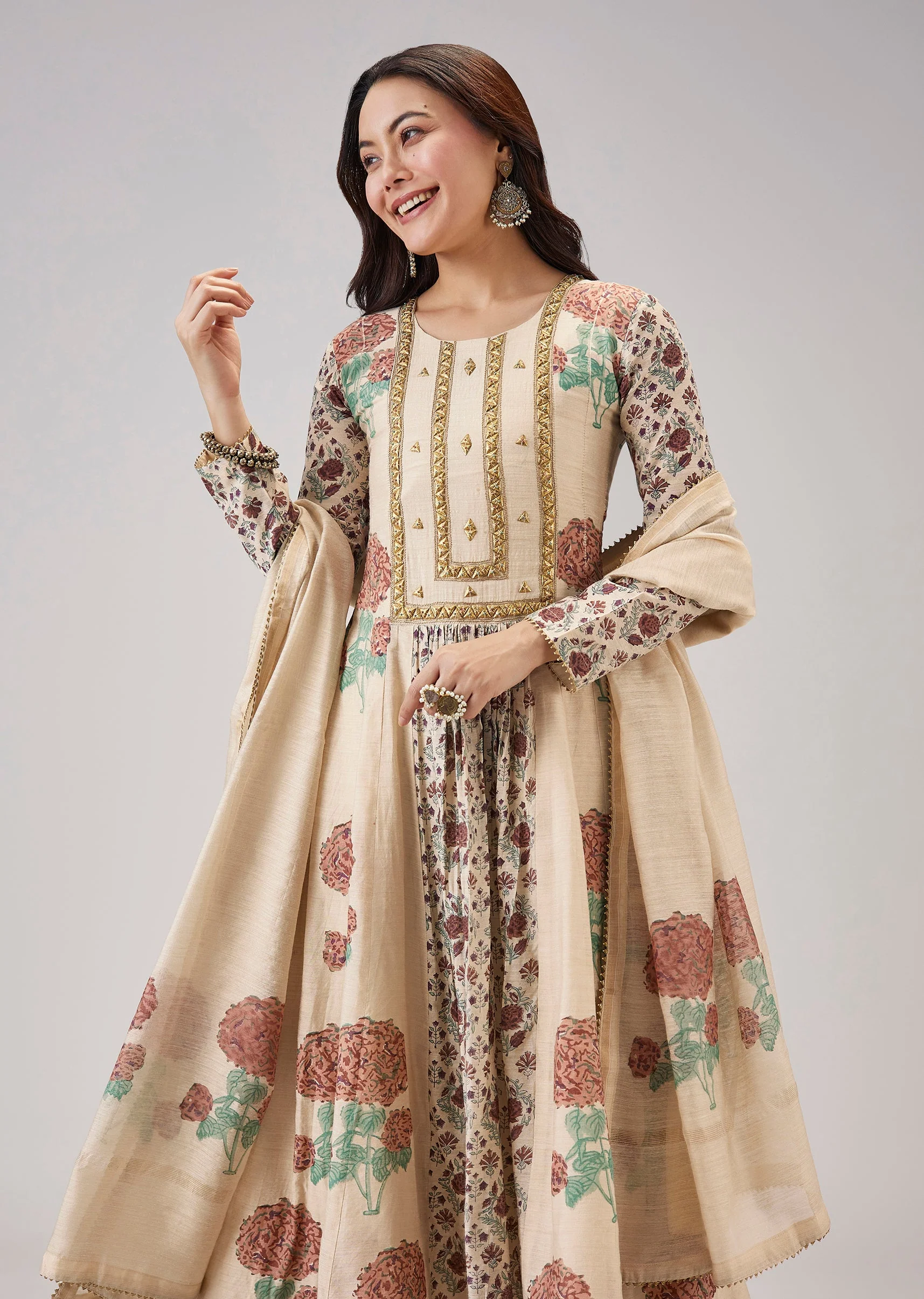 Off White Hand Block Print Anarkali With Sequins Work