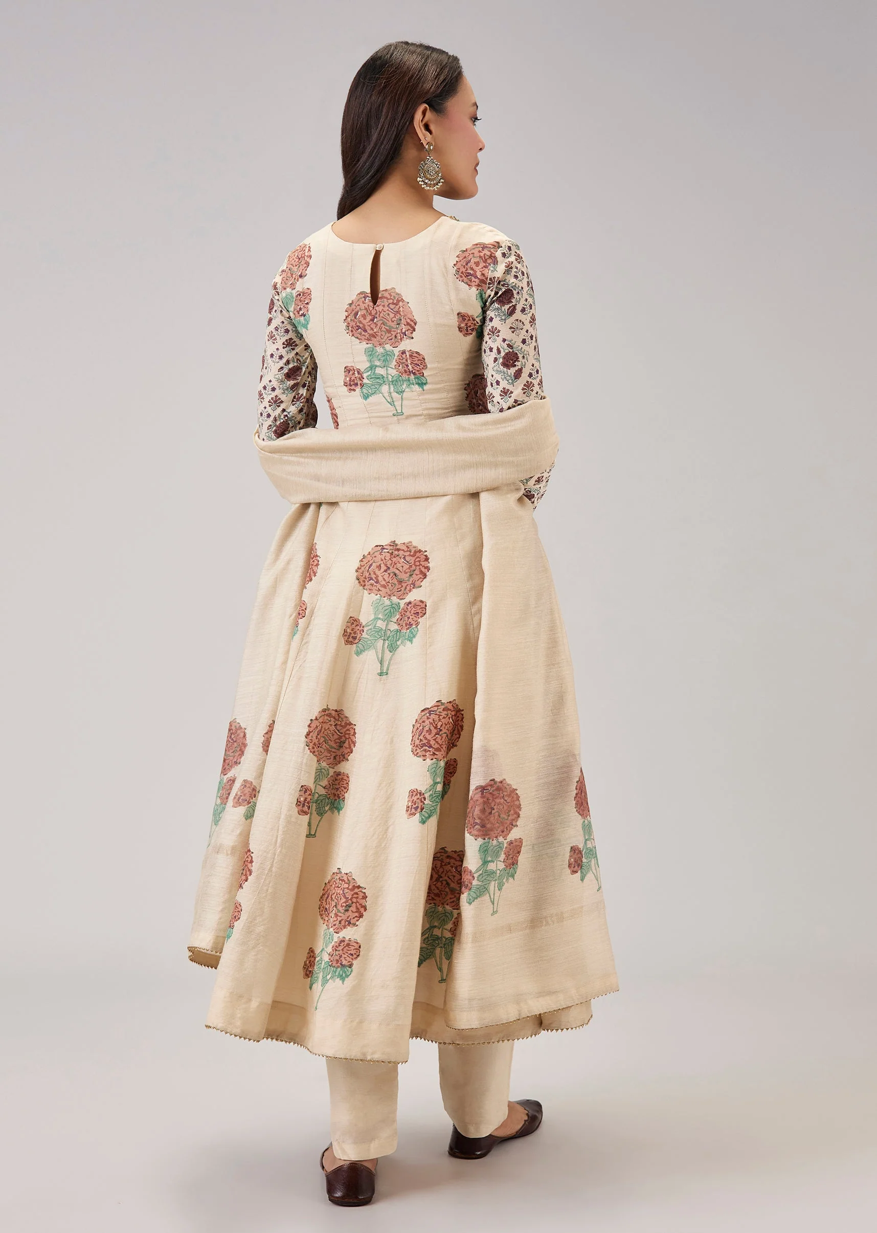 Off White Hand Block Print Anarkali With Sequins Work