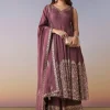 Wine Embellished Anarkali Suit Set With Pant And Dupatta