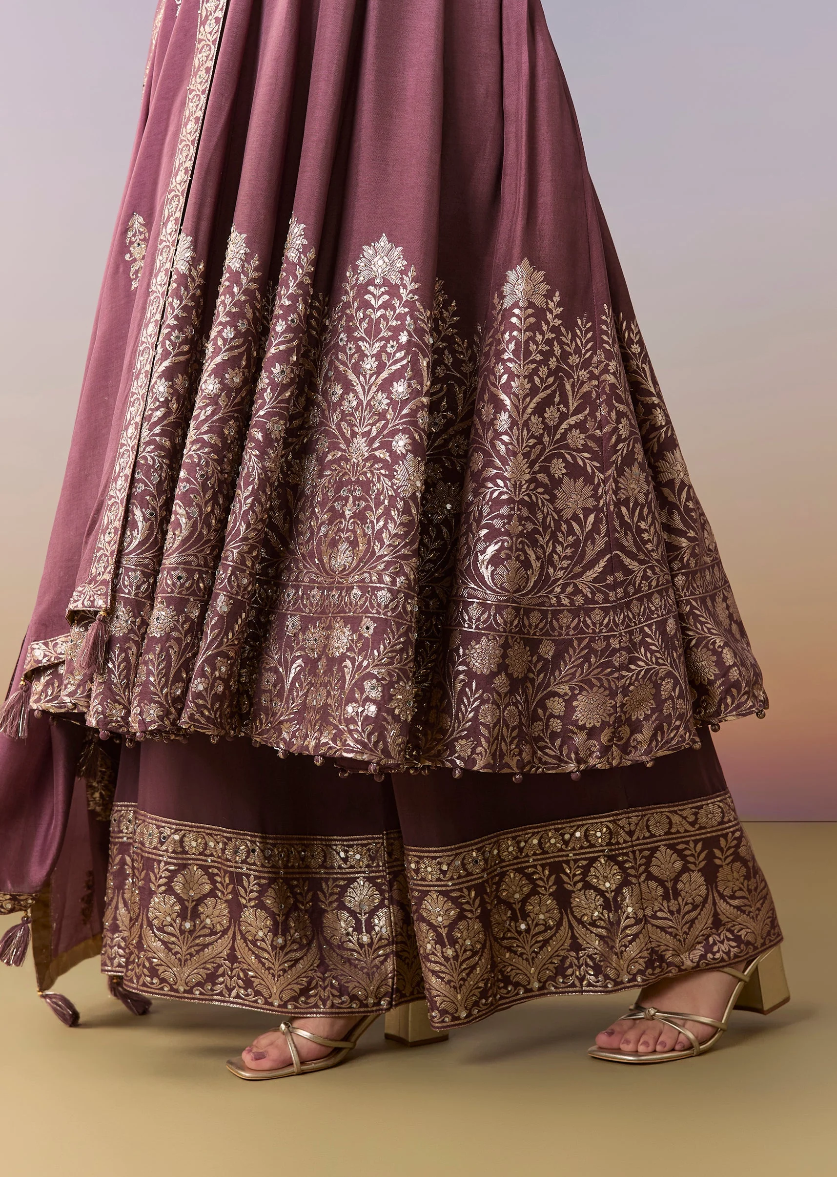 Wine Embellished Anarkali Suit Set With Pant And Dupatta