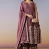 Wine Embellished Anarkali Suit Set With Pant And Dupatta