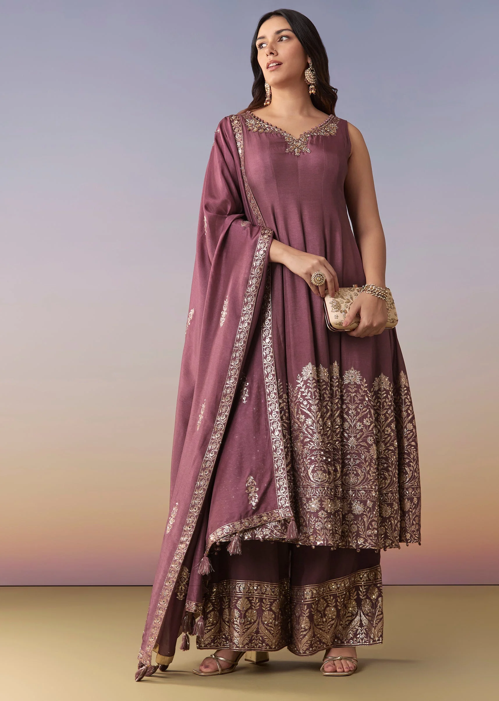 Wine Embellished Anarkali Suit Set With Pant And Dupatta