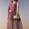 Wine Embellished Anarkali Suit Set With Pant And Dupatta