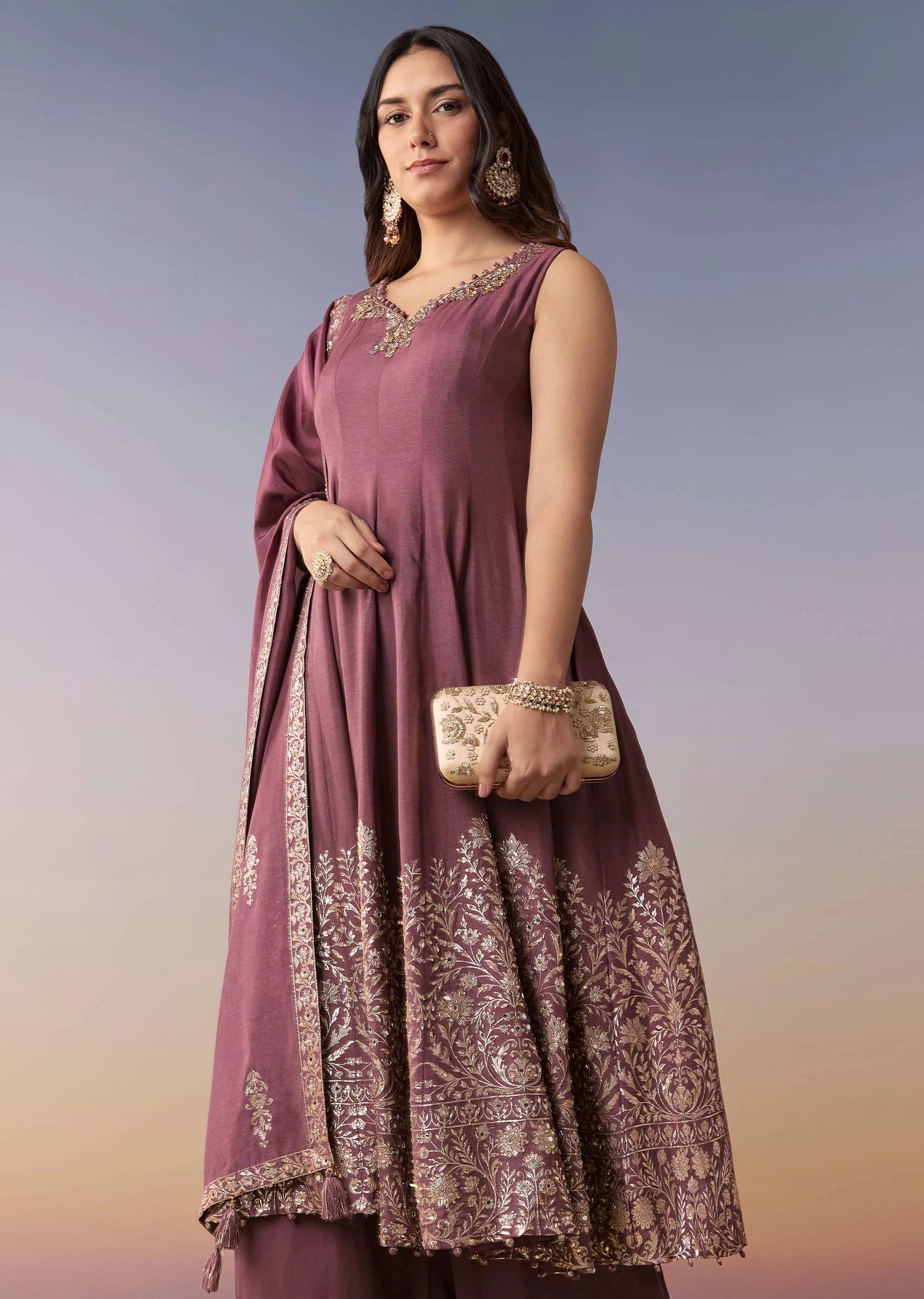 Wine Embellished Anarkali Suit Set With Pant And Dupatta