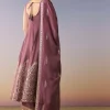 Wine Embellished Anarkali Suit Set With Pant And Dupatta