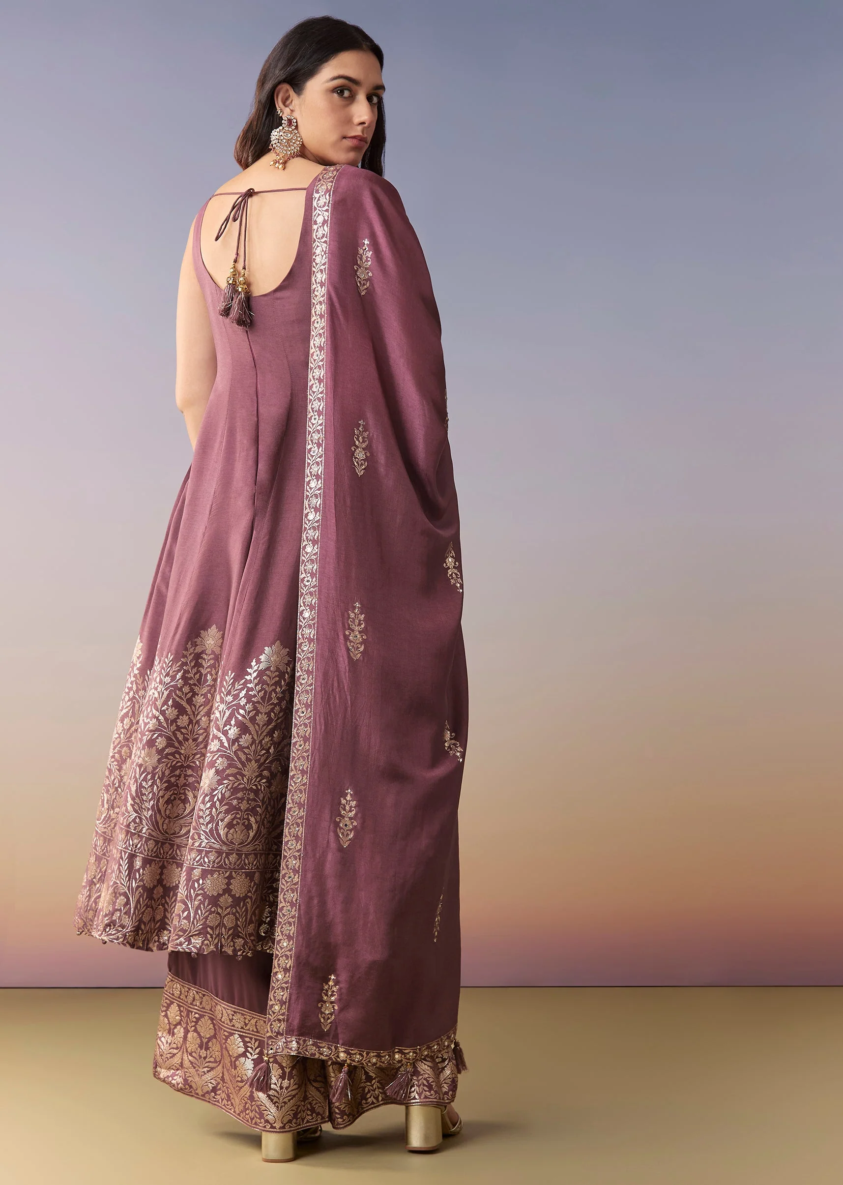 Wine Embellished Anarkali Suit Set With Pant And Dupatta