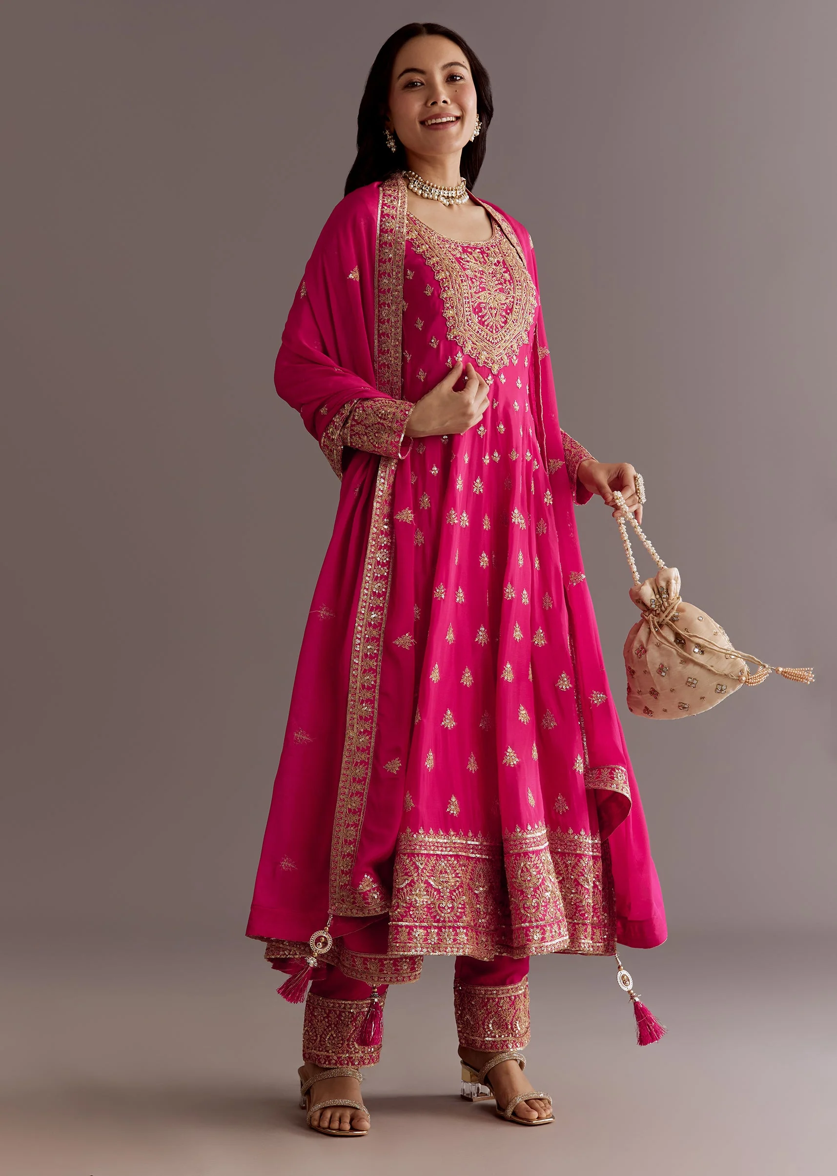 Pink Chinon Hand Embroidered Anarkali Suit With Dupatta