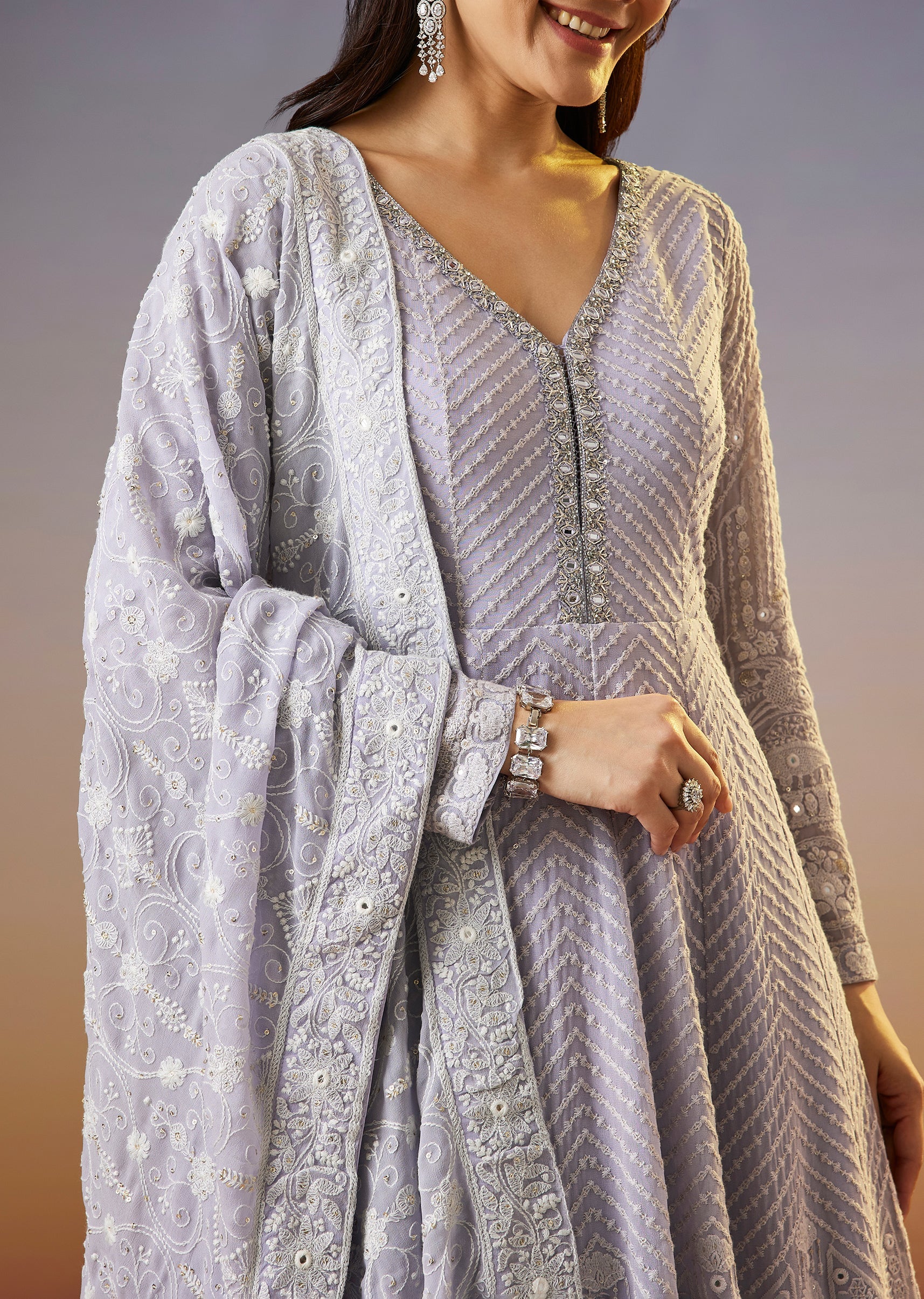 Lilac Lucknowi Georgette Anarkali Suit With Dupatta
