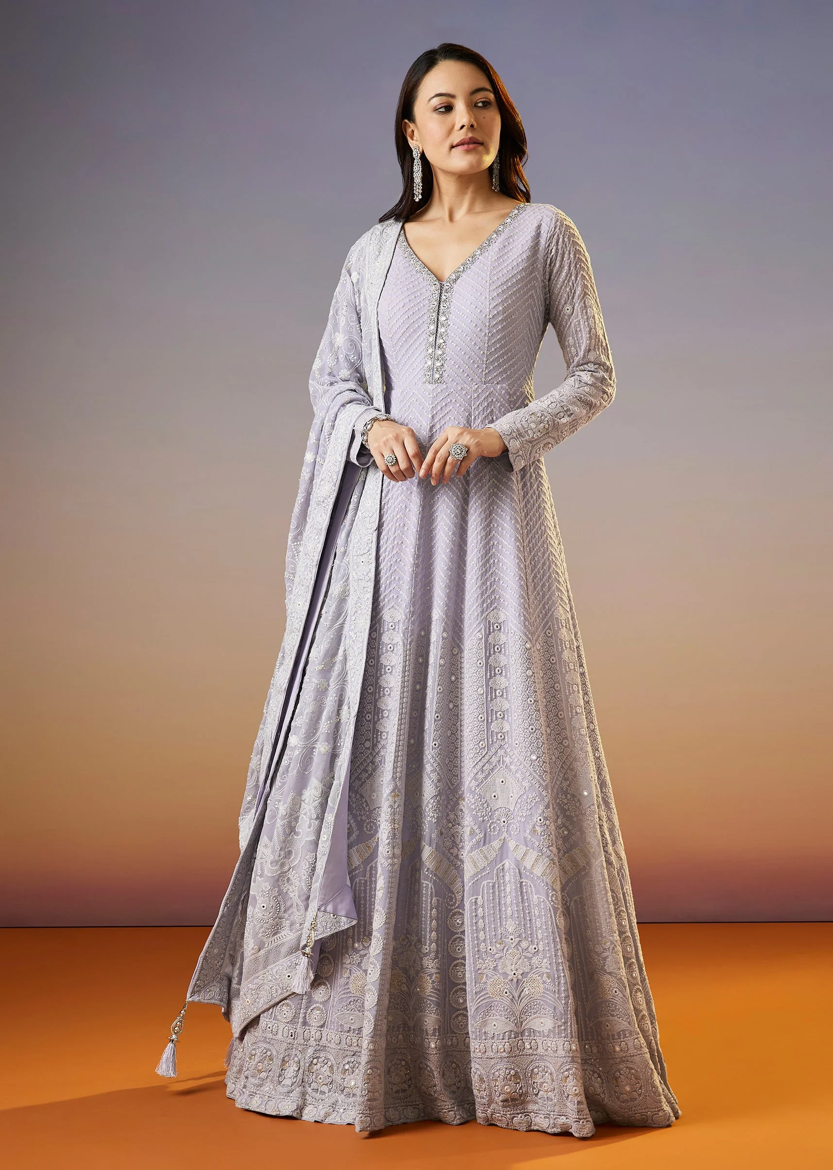 Lilac Lucknowi Georgette Anarkali Suit With Dupatta