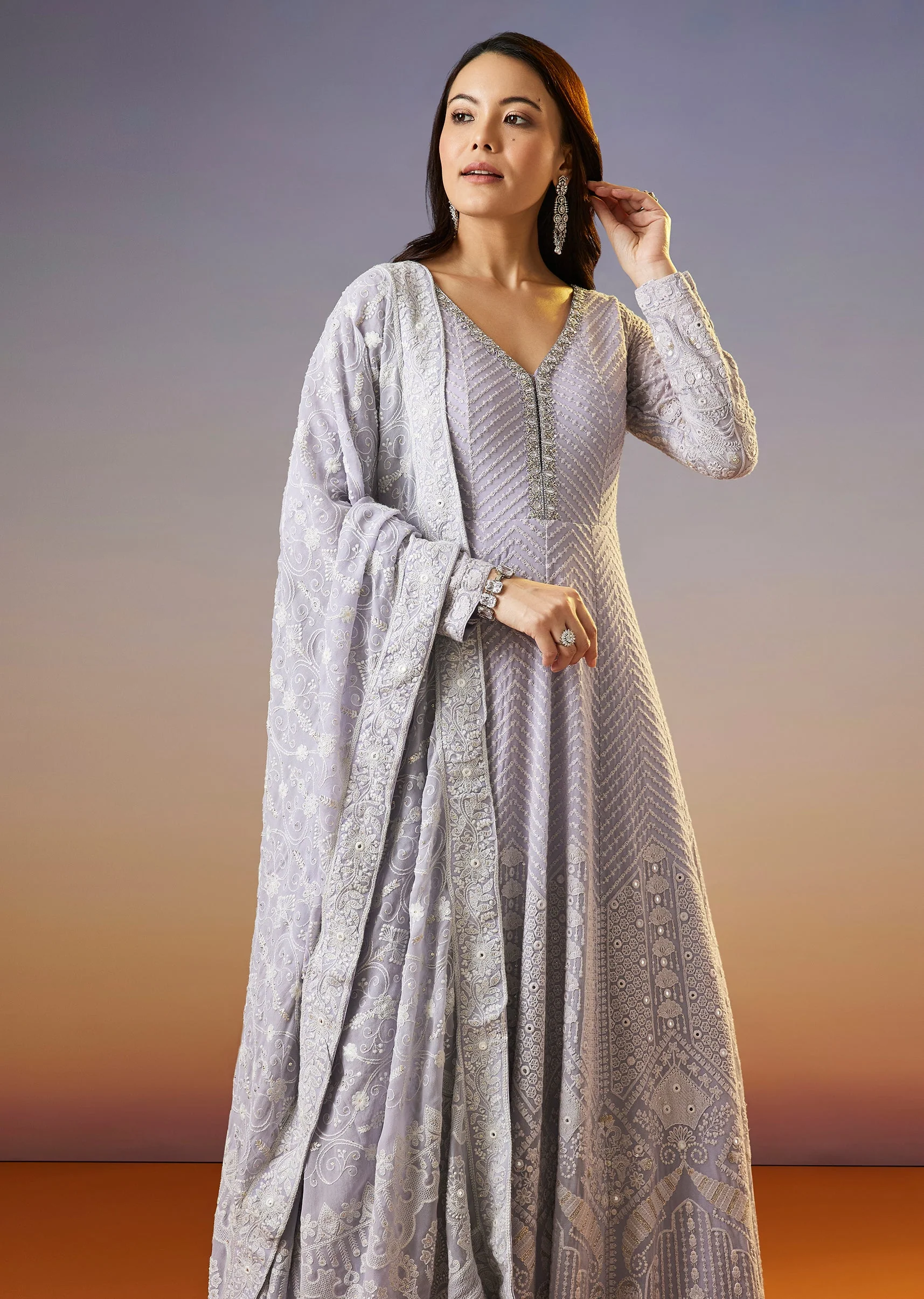 Lilac Lucknowi Georgette Anarkali Suit With Dupatta