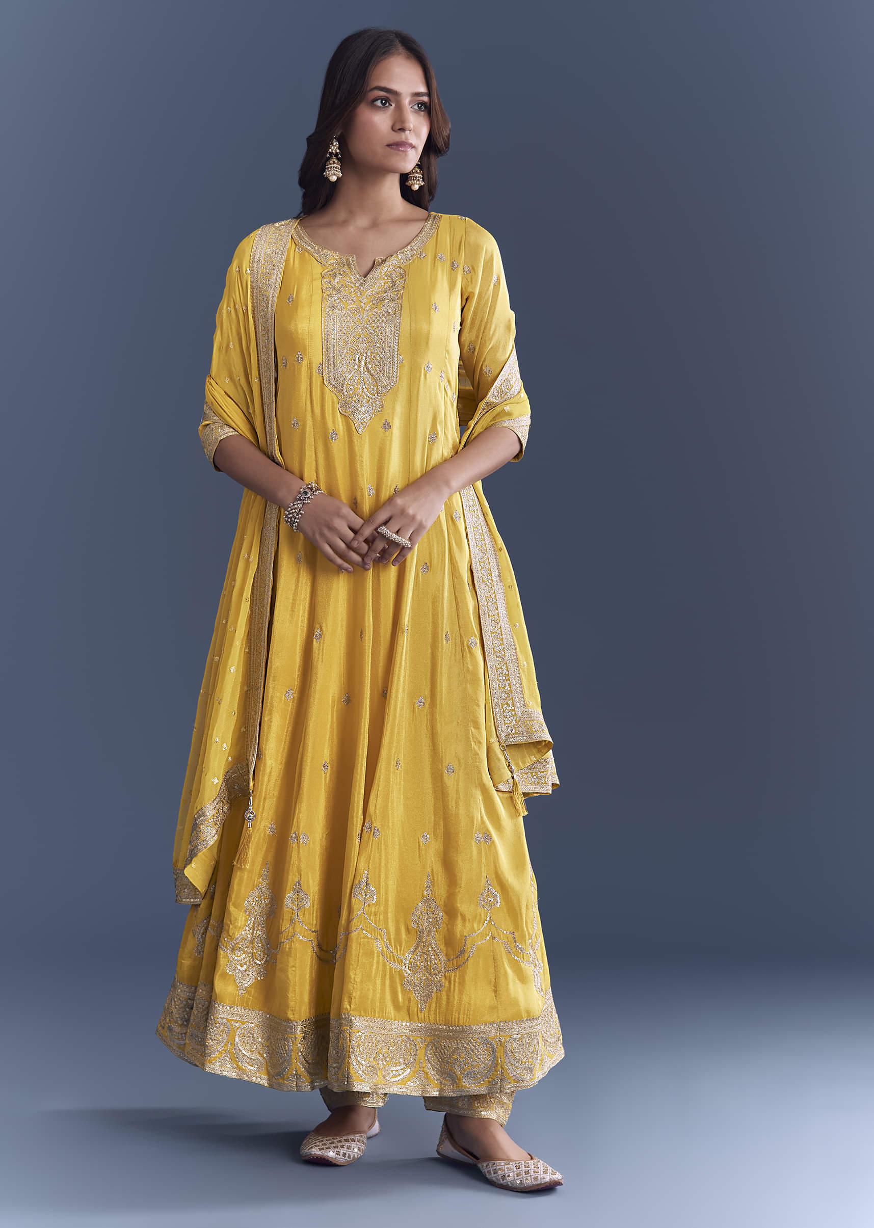 17529-yellow-tissue-anarkali-suit-with-sequins-and-zari-work-1.jpg Yellow Tissue Anarkali Suit With Sequins And Zari Work