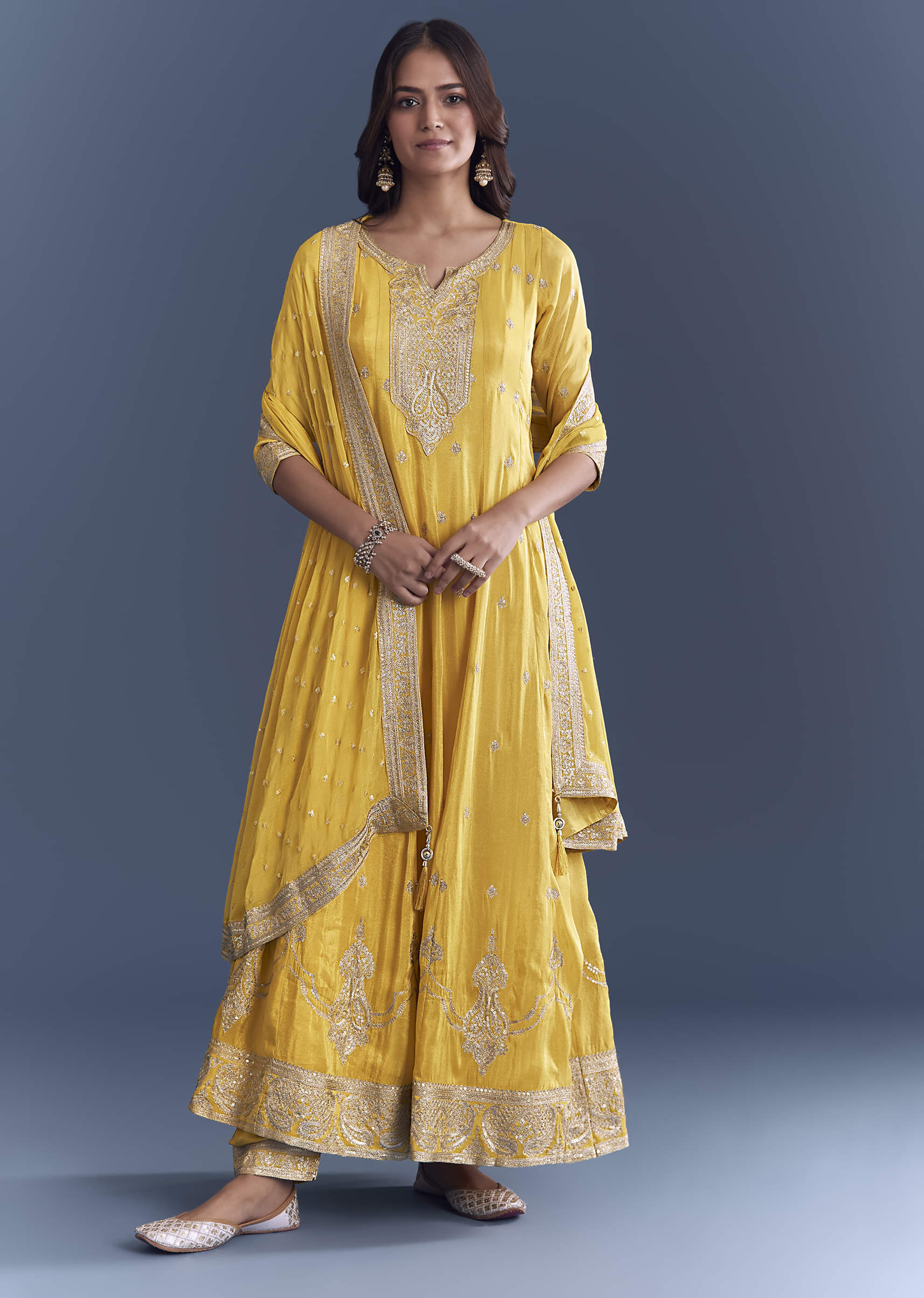 Yellow Tissue Anarkali Suit With Sequins And Zari Work