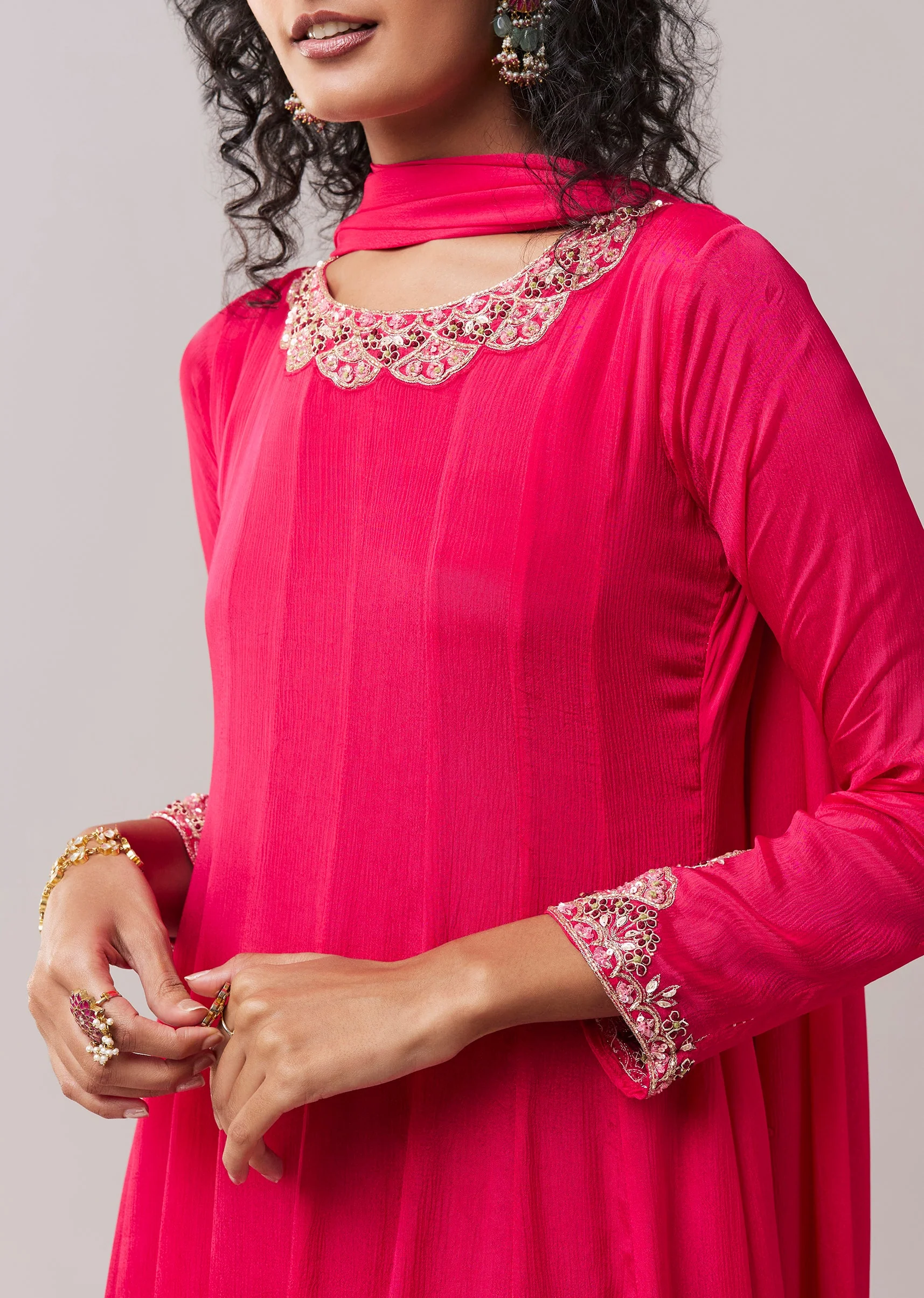 Pink Embellished Chinon Anarkali Set
