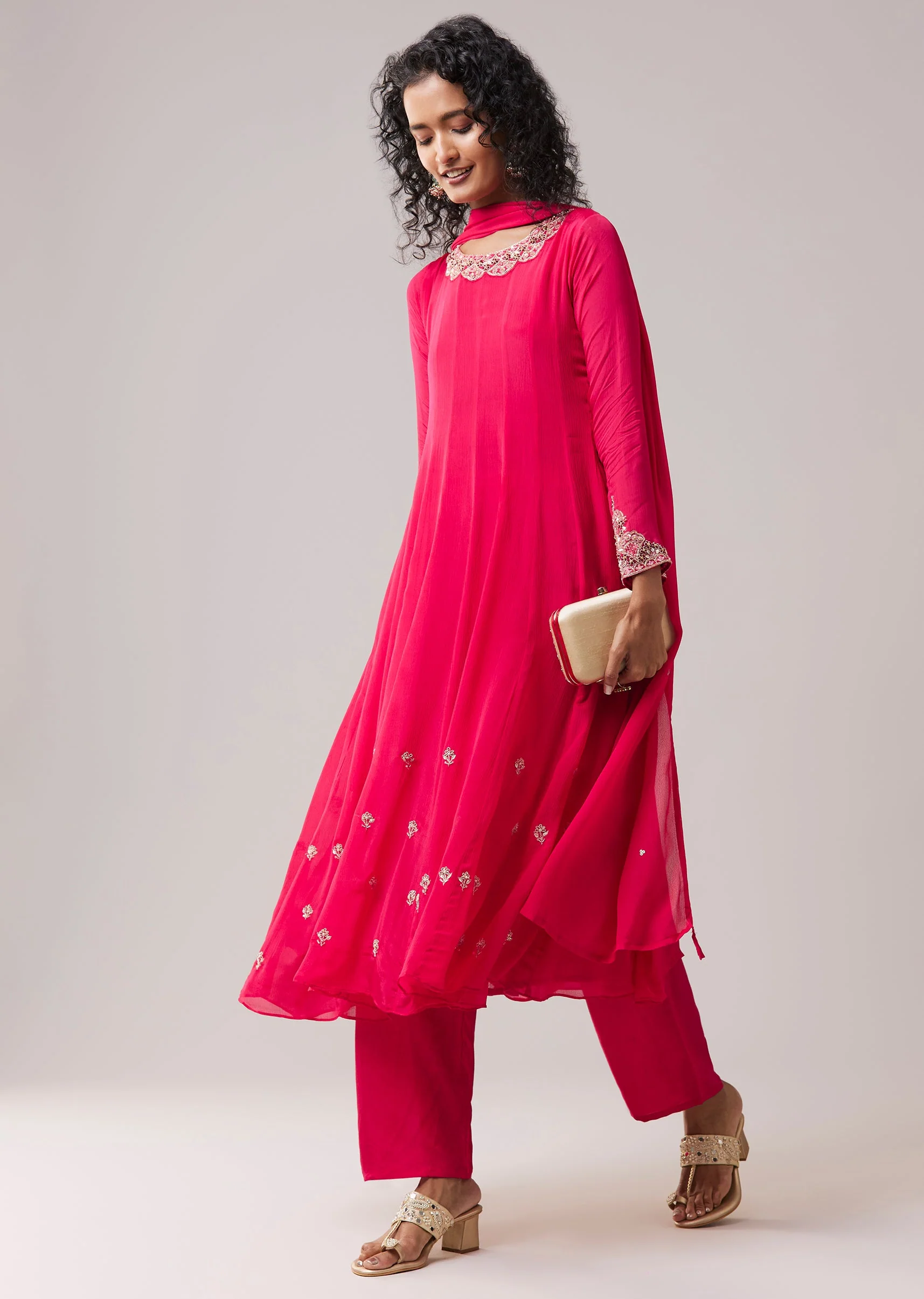 Pink Embellished Chinon Anarkali Set