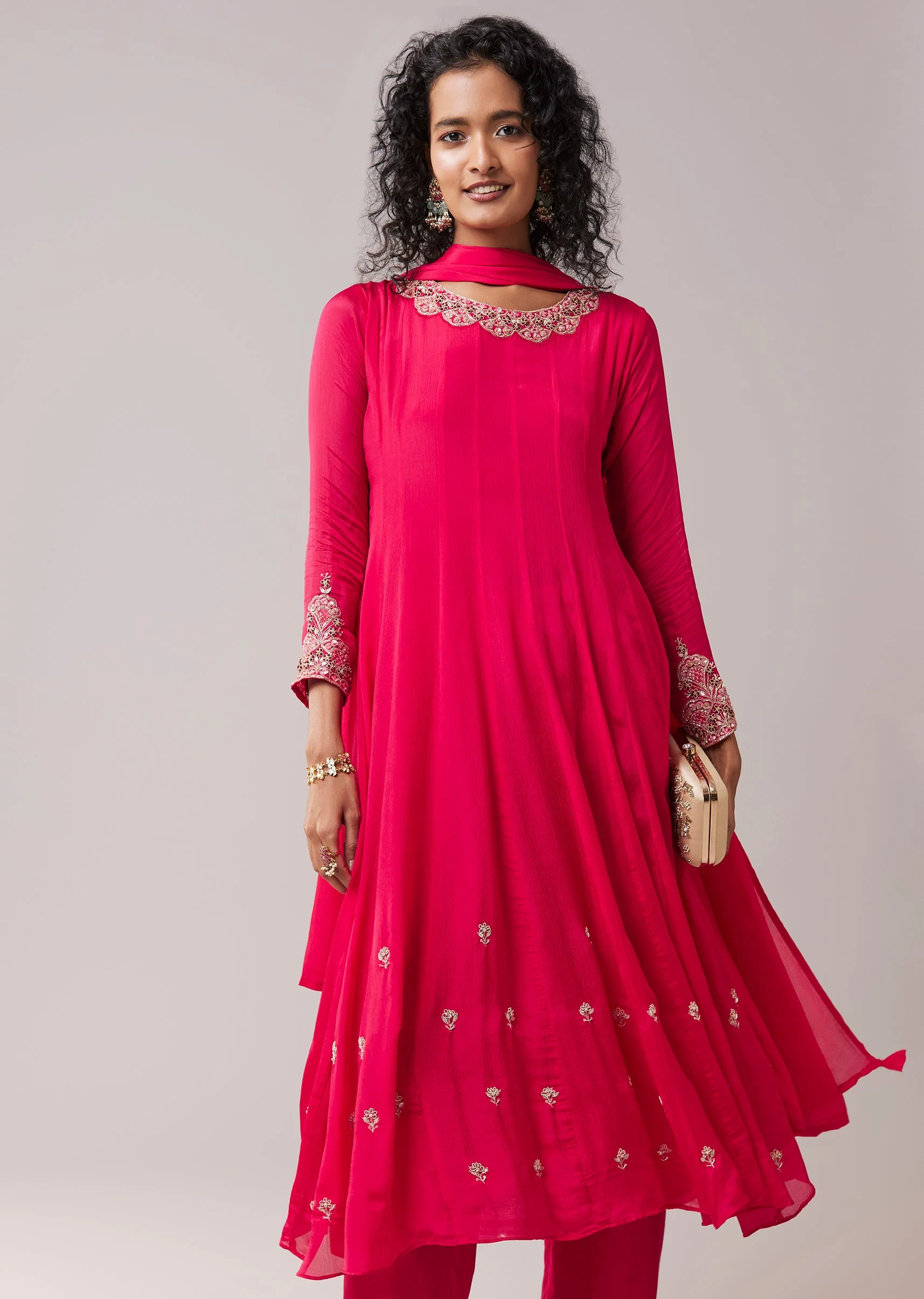 Pink Embellished Chinon Anarkali Set