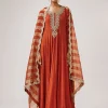Rust Zardozi Work Chinon Anarkali With Embroidered Dupatta