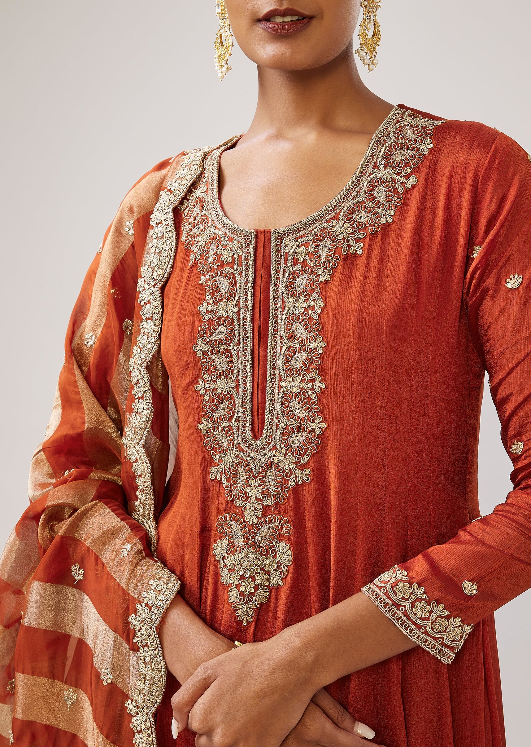 Rust Zardozi Work Chinon Anarkali With Embroidered Dupatta