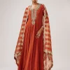 Rust Zardozi Work Chinon Anarkali With Embroidered Dupatta