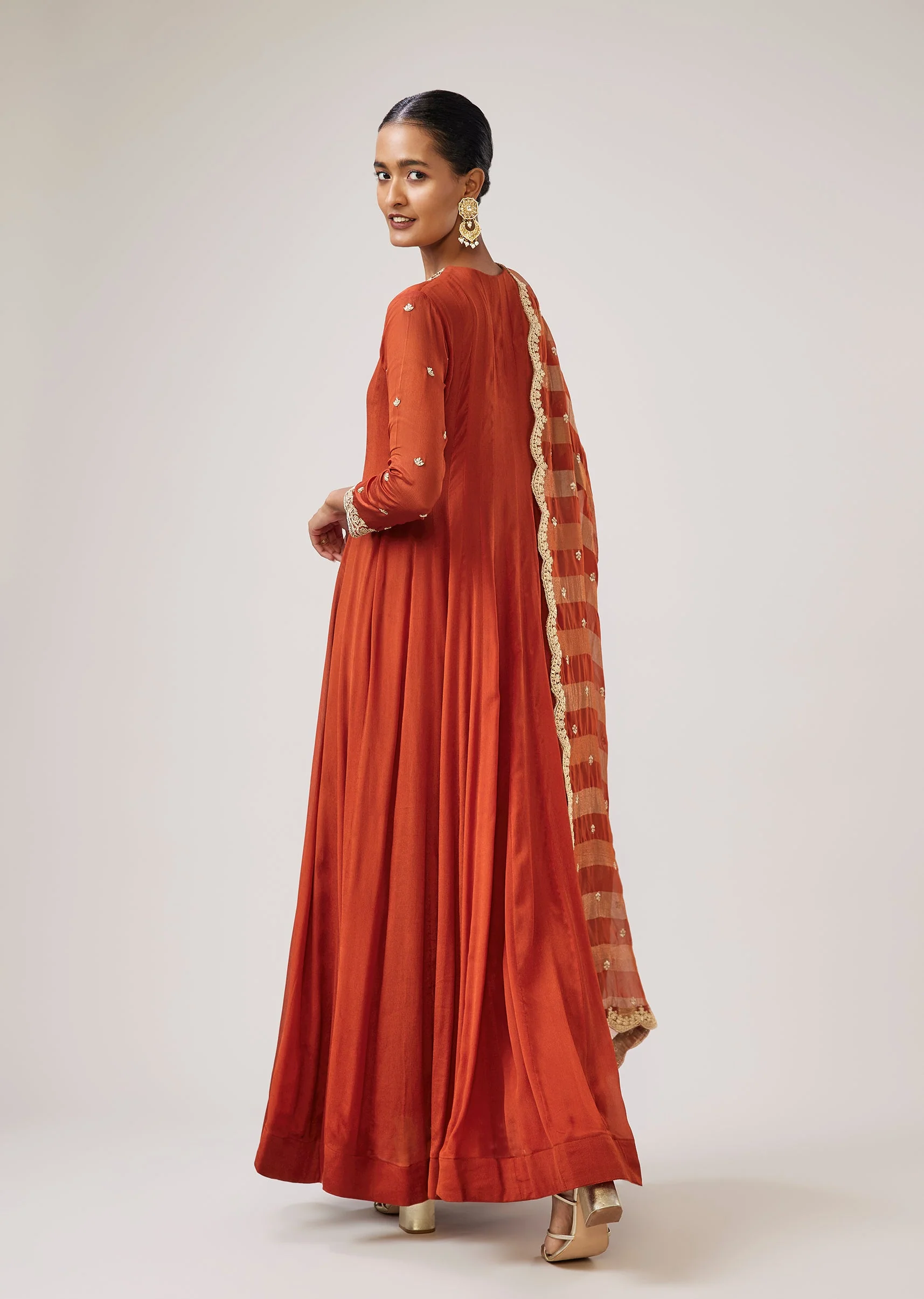 Rust Zardozi Work Chinon Anarkali With Embroidered Dupatta