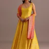 Yellow Brocade Weave Anarkali Set With Dupatta