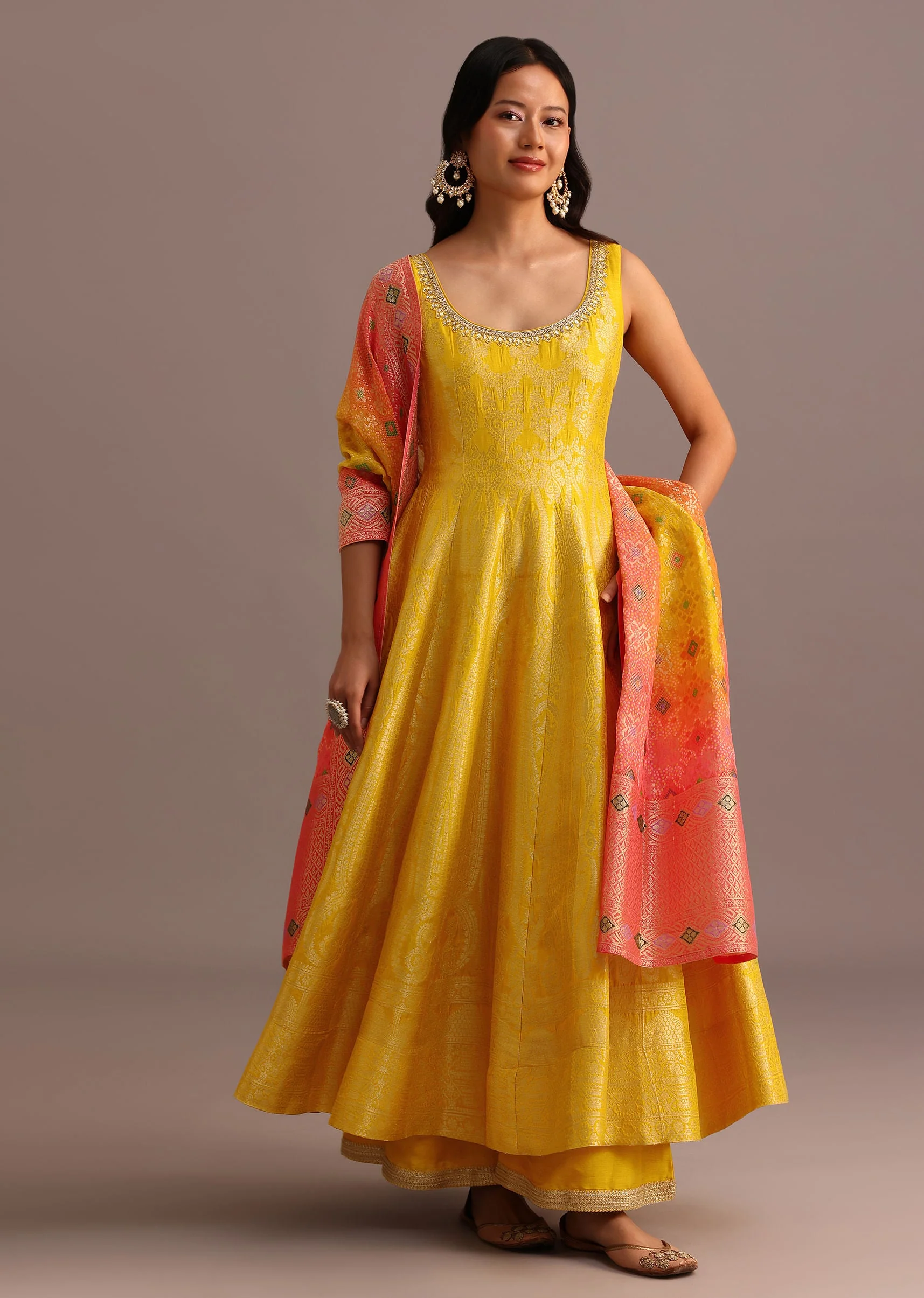 Yellow Brocade Weave Anarkali Set With Dupatta