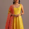 Yellow Brocade Weave Anarkali Set With Dupatta