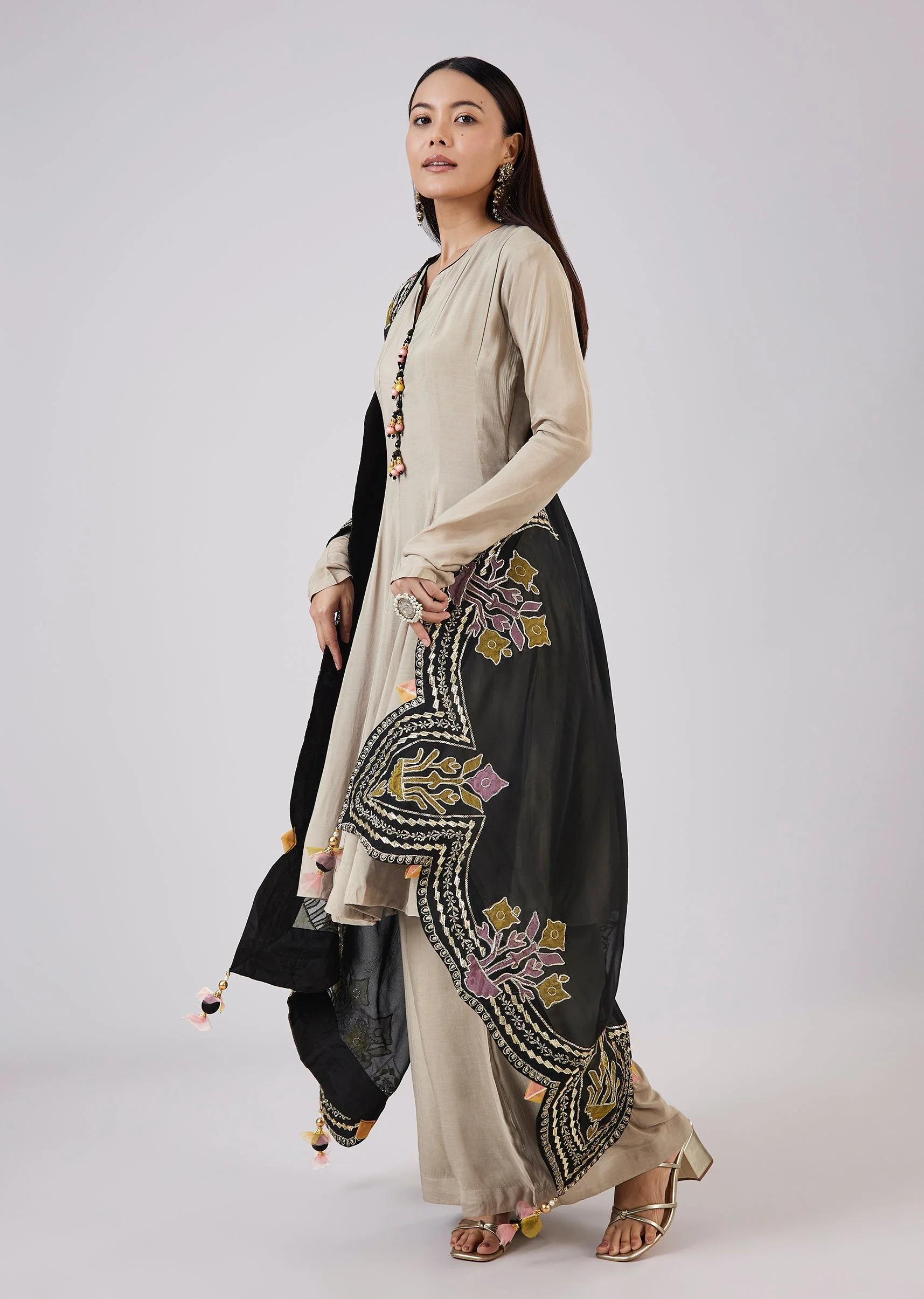 Grey Organza Short Anarkali Set