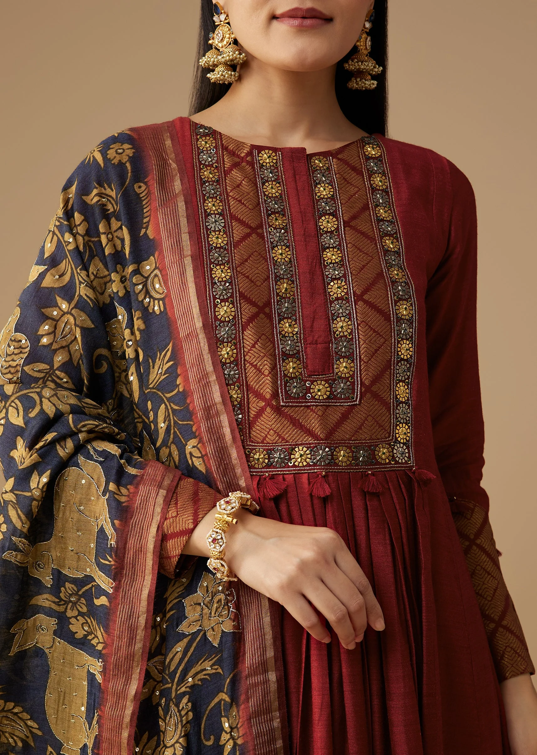 Maroon Brocade Detail Anarkali Set